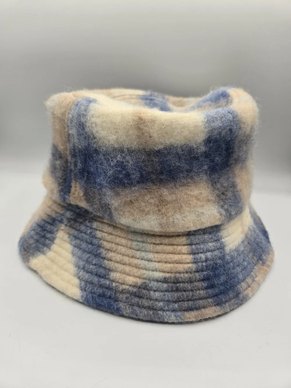 Electric & Rose Plaid Fuzzy Bucket Hat Blue Cream Beige Wool Blend Cozy